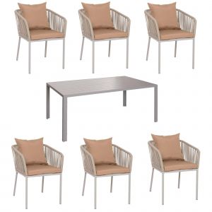 Salon De Jardin Avec Table 180x80 Cm + 6 Chaises En Aluminium Et Corde Tress&eacute;e Gris Coussins Taupe 04_0010087 - Neuf