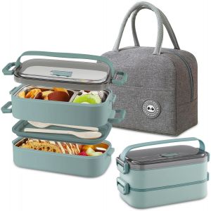 Lunch Box, 1620 Ml Boite Repas Avec 4 Compartiments + Couverts + Tasse Isolant + Sac Isotherme Repas, Bento Lunch Box Hermétique Pour Pique-Nique, Travail, Goûter, Micro Ondes - Neuf
