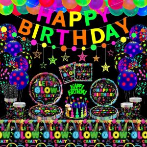 Letnerny-Lot De 162 Pièces De Vaisselle De Fête Lumineuses - Accessoires Lumineux - Décoration D'anniversaire Néon - Avec Plaques, Bannières, Ballons, Serviettes De Table, Nappes À Thème Néon - Acces - Neuf