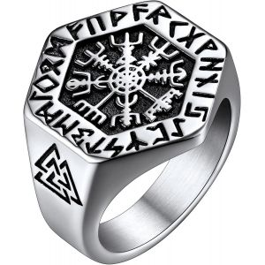 Eryi-Bague Chevalière Homme Viking Rune Boussole Vegvisir, Chevalière Viking Valknut Nordique Acier Inoxydable Taille 54-72, Bijoux Nordique Biker Steampunk (Boîte Cadeau) - Neuf