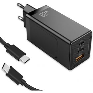 LORANKA-Chargeur USB-C GaN 65W, 3 Ports PD Rapide - Chargeur Compact USB-C pour MacBook Pro/Air, iPhone 16/15/14, iPad Pro/Air, Galaxy, Steam Deck, Dell XPS 13 et Autres tablettes (Black, with Cable) - Neuf