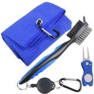 Kit de nettoyage de golf (serviette bleue/brosse/motte en os) - Neuf