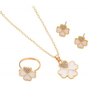 Ensemble De Bijoux Tr&egrave;fle A Quatre Feuilles, Collier Trefle A 4 Feuille Pendentif Collier Boucles D'oreilles Bague Set, Trefle R&eacute;glable Hypoallerg&eacute;nique Zircon Parures - Neuf