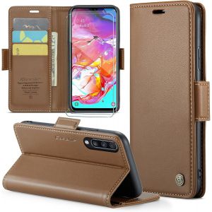 Kal-Coque Pour Samsung Galaxy A70/A70s+ 2 Pièces Verre Trempé,Antivol,Prend En Charge Le Chargement Sans Fil, Pochette Fermeture Magnétique Flip Case-Marron - Neuf