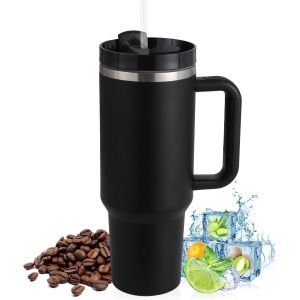 Letnerny-Bouteille Isotherme Tasse Double Paroi De 1180 Ml Avec Paille Et Anse En Acier Inoxydable - Pour Boissons C S Et Froides - Convient Pour La Maison Et Les Voyages - Noir - Neuf