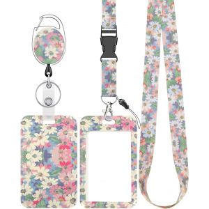 KALANKA-Porte Badge Tour de Cou Coulissant Floral Coloré Étui en Plastique de Fleur avec Clip de Mousqueton de Bobine de Badge Rétractable Sangle Longe Détachable Porte Carte Verticale Dure - Neuf