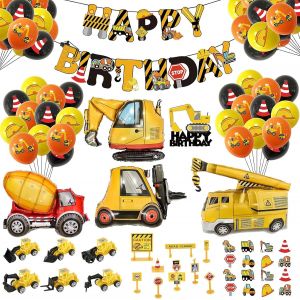 51 PCS D&eacute;corations de F&ecirc;te de Construction, Anniversaire Chantier Avec Banni&egrave;re, Ballons et Pelleteuse Enfant - Neuf
