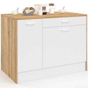 Ilot central LIO maxi capacit&eacute; de rangement bois et blanc - Neuf