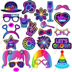 MEVRONISSHOP-Accessoires Photobooth, 25 Pi&egrave;ces Accessoires Photo N&eacute;on,Photo Booth Props Glow, Accessoires Photomaton de F&ecirc;te pour Anniversaire Mariage Carnaval Mascarade Bal Disco Lueur Party D&eacute;corat - Neuf