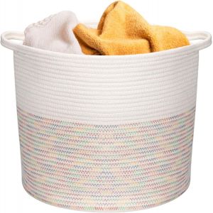 CHECARZHN--NO1-Panier À Linge 50L En Corde De Coton, Corbeille À Linge Sale Avec Poignées 38X38X35Cm, Bac De Rangement Pour Vêtements, Jouets, Serviettes - Pour Chambre Ou Salle De Bain - Multicolore - Neuf