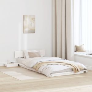 Vidaxl Cadre De Lit Au Sol Avec Tables De Chevet Blanches 90x190cm Bois Massif - Neuf