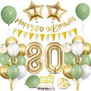 KALANKA-Decoration Anniversaire 80 Ans, Ballon 80 Ans Vert et Or, Bannière Joyeux Anniversaire 80 ans, Kit Ballon Guirlande Vert Or pour 80 Ans Anniversaire Homme Femme Fête Décorations - Neuf
