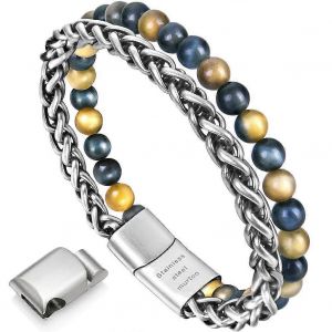 Bracelet Homme En Cuir Et Perles, Perles De Pierre Naturelle Et Cuir V&eacute;ritable, Fermoir En Acier, Cadeau De No&euml;l Id&eacute;al Pour Lui - Neuf