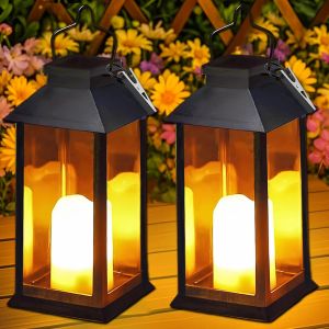 Lanterne Solaire Exterieur Jardin 2 Pièces Lampe De Table Solaire Exterieur Avec Bougie Led Flamme Vacillante, Ip44 Étanche Solaires Exterieur Jardin Pour Balcon Terrasse Cour Decoration - Neuf