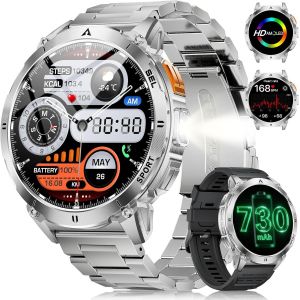 1.62"" Amoled Montre Connect&eacute;e Homme, 3Atm Etanche Smartwatch Avec Led Lampe Torche Pour Android/Ios, Appel Bluetooth, 110+ Sportmodi, 24/7 Fr&eacute;quence Cardiaque/Surveillance Du Sommeil, Argent&eacute; - Neuf