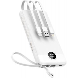 CMJAAGUR-Batterie Externe 10000Mah Avec Câbles Intégrés, Power Bank Usb C Portable Charger Battery Pack Avec 5 Sorties & 2 Entrées Phone Chargeur, Pour Iphone/Samsung/Tablette (Blanc)[M1769] - Neuf