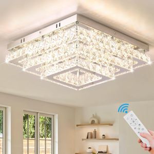Plafonnier Moderne &Agrave; Led En Cristal Carr&eacute;,38cm Lustre &Agrave; Intensit&eacute; Variable En Cristal Plafonniers 3-Tiers Lampes Montage Au Plafond Pour Chambre &Agrave; Coucher - Neuf