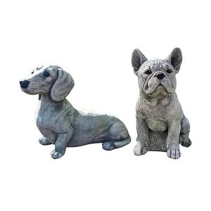 Ensemble de 2 statues de chiens pour la d&eacute;coration de jardin, figurines en r&eacute;sine pour int&eacute;rieur et ext&eacute;rieur, teckel et bouledogue - Neuf