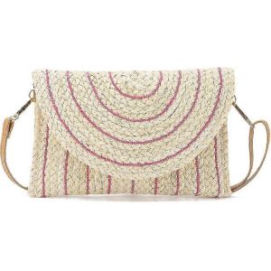 Sac &agrave; bandouli&egrave;re en paille pour les femmes Sac &agrave; main tiss&eacute; Enveloppe de plage Pochette Portefeuille en paille Sac &agrave; bandouli&egrave;re (rose) - Neuf
