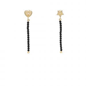 Boucles D'oreilles Argent Dor&eacute; Pendantes Coeur Et &Eacute;toile Pierre Spinelle Noire - Neuf