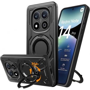 Kal-Coque Pour Xiaomi Redmi Note 14 Pro 5g Avec 360° Rotatable Métallique Support, [Support Invisible] [Antichoc Protection Militaire] Tpu+Pc Renforcée Armure Coque Pour Redmi Note 14 Pro 5g, Noir - Neuf