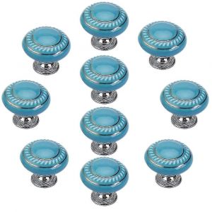 Lot de 10 boutons de meuble ronds en c&eacute;ramique bleue avec vis - Neuf