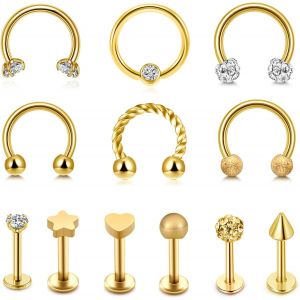 Nbgcm-12pcs Piercings Anneaux Tragus Or Piercing Labret Lèvre Piercing Nez Septum Fer À Cheval Piercing Hélix Cartilage Acier Inoxydable Strass Doré Bijoux De Corps Femme Homme - Neuf