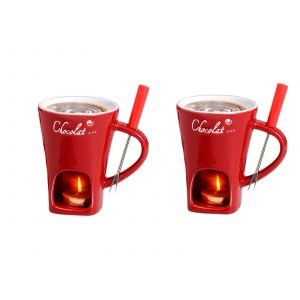 Service &Agrave; Fondue En Porcelaine Avec Fourchettes - Tasses &Agrave; Fondre Le Chocolat Rouge - Neuf