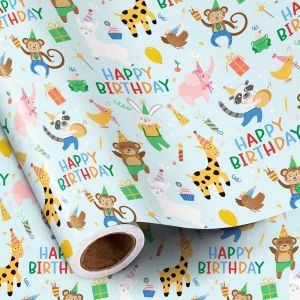 Rouleau De Papier Cadeau D'anniversaire, Thème Animaux De La Jungle Avec Girafe, Singe, Lapin Et Inscription « Joyeux Anniversaire », Pour Fête Entre Garçons Et Filles, 43,2 Cm X 5 M - Neuf