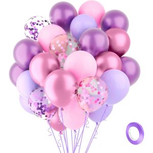 SJZG-Lot De 60 Ballons Violets Et Roses En Latex De 30 Cm - Confettis M&eacute;tallis&eacute;s Violet Et Rose - 1 Rouleau De Ruban Violet - Guirlande De Ballons Pour Anniversaire, Mariage, Bapt&ecirc;me, F&ecirc;te Pr&eacute;natale - Neuf