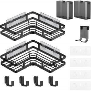 Loc-2 Pcs Etagere Douche Sans Percage,Noir Etagere Salle De Bain Angle Avec Seau De Dentifrice Et Porte-Rasoir,Antirouille Épaissir Etagere Rangement Douche Pour Salle De Bain,Cuisine,Balcon - Neuf