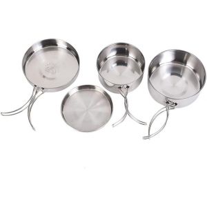 Asfasfq-Vaisselle De Camping 4 Pièces Batterie De Cuisine Portable, Légère Batterie De Cuisine Combinée En Acier Inoxydable Kit De Casseroles Camping Pour 1-2 Personnes En Voyage Randonnée Bbq - Neuf