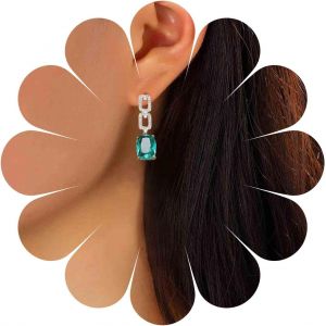 Kal-Boucles D'oreilles Pendantes En &Eacute;meraude Boucles D'oreilles En Cristal Vert &Eacute;meraude Boucles D'oreilles En Diamant &Eacute;meraude Carr&eacute;es En Strass Vertes Cubiques Pendantes Bijoux Femmes Et Filles - Neuf