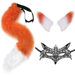 Ensemble Queue Et Oreilles De Renard Loup Masque Dentelle,Longue Fausse Fourrure Queue Pince &Agrave; Cheveux Oreille Et Masque Cosplay Costume Pour Halloween,No&euml;l,F&ecirc;te Costum&eacute;e.[J446] - Neuf
