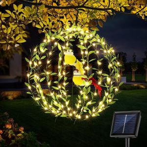 ERSHI-Lampe Solaire Exterieur 30cm, 120LED Métal Boule Lumineuse Pliable avec Feuille Verte et 2 Oiseaux, 8 Modes Lumière Globes L[1103] - Neuf