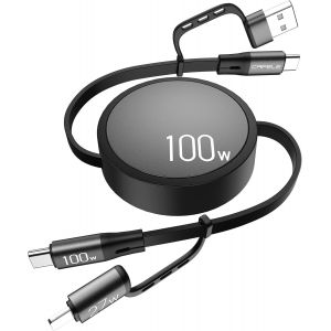 JGD-100W 4 en 1 C&acirc;ble de Charge R&eacute;tractable,PPS PD 3.0/QC4.0 Cable Chargeur Multi Embout USB A/C,Enrouleur pour 17 16 Plus/Pro Max/15/14,MaBook,Pad Pro,Galaxy S24/S23 - Neuf