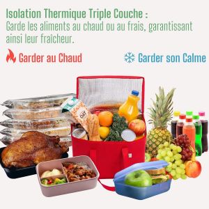 TZF-Lot de 2 Grand Sac Isotherme Courses, Sac Glaciere Pliable avec Couvercle et Poignées Renforcées, Sac de Courses Debout, Sac Thermique Réutilisable, Sac Repas Durable (Rouge, Lot de 2) - Neuf