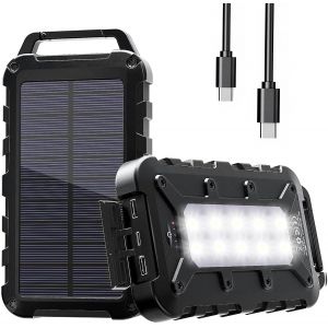 JGD-Chargeur Solaire 26800 mAh, PD15W USB C, Chargeur Solaire Portable, Batterie Externe à Charge Rapide avec 3 Sorties, 2 Entrées et Lumière LED pour Téléphone Extérieur, Tablettes, etc. (Noir) - Neuf