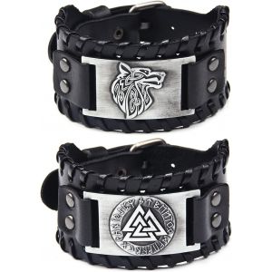 Kal-Bracelet Noeud Celtique Viking 2 Pièces, Bracelet En Cuir Tête De Loup Argenté, Bracelet De Bracelet De Manchette Large Vintage, Bracelet De Bijoux D'amulette Médiévale Pour Des Hommes De Femmes - Neuf