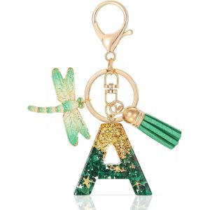 KAL-Initiale Letter Keychains Porte Cl&eacute; Lettre A,Alphabet Initial Keyring Avec Libellule Glands Pendentif,Vert Key Ring Pour Femmes Portefeuilles Sac &Agrave; Main Bagages Charme (A) - Neuf