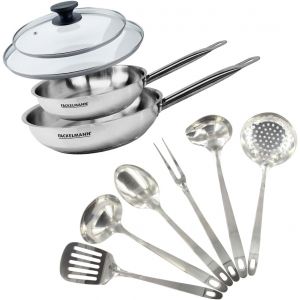 Subzonal-9440450 Set Po&ecirc;les 24 Et 28 Cm En Inox 18/8, Couvercle Verre Et 6 Ustensiles Inox, Po&ecirc;le Tous Feux, Po&ecirc;le Induction, Po&ecirc;le Sans Pfas, Manche Rivet&eacute;, Inox, Verre, 24 Et 28 Cm - Neuf