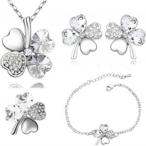 Kjdal-Four Leaf Clover Bijoux Trèfle Ensemble De Bijoux Trèfle À Quatre Feuilles Collier Boucles D'oreilles Bracelet Broche 4pcs Set Pour Cadeaux Femmes Filles - Neuf