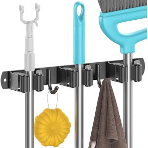 JEXNOVASHOP-Accroche Balai Mural sans Percage, Porte Balais Mural avec 3 Supports et 2 Crochets, Support Balais Mural avec Vis, Attache Range Balai Mural, Range outils de jardin, Noir - Neuf