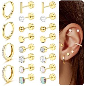 Kal-10 Paires De Boucles D`Oreilles Hypoallergéniques À Fond Plat Pour Hommes Et Femmes En Acier Chirurgical Doré/Argenté, Petit Hoop, Cartilage, Tragus, Ensemble Pour Multiples Piercings - Neuf