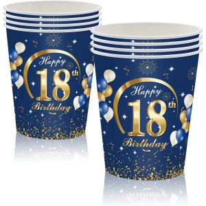 ERYI-16 Pièces Gobelets En Papier Pour Fête Anniversaire 18 Ans,Bleu Or Papier Tasse Pour Décoration Anniversaire 18 Ans Homme Femme - Neuf