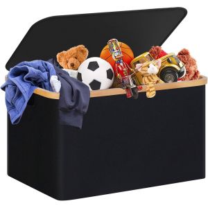 LETNERNY-Panier A Linge Pliable 60L, Tissu Bambou Panier De Rangement Avec Couvercle, Rangement Panier À Linge, Laundry Basket Pour Chambre À Coucher Salle De Bain, Bac À Linge (Noir) - Neuf