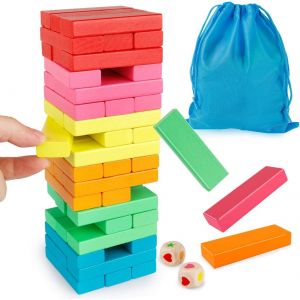 ChenQuanSarl-Blocs En Bois Jeu D'Empilement Avec Sac De Rangement, Coloré Équilibrage Puzzles Jouets D'Apprentis Éducatif Tri Famille Jeux Montessori Jouets Cadeaux - Neuf