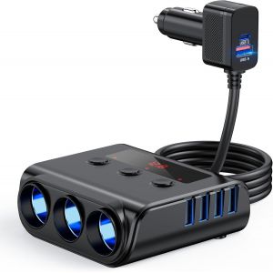 JGD-180W Multi Prise Allume Cigare Adaptateur,9 in 1 Chargeur Allume Cigare de Voiture 3 Prise 12V/24V Chargeur Voiture USB 5 Ports USB Allume Cigare US B avec Interrupteur LED Voltage pour Phone GPS - Neuf