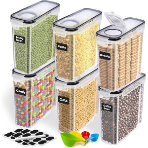 Eryi-Boite De Rangement Cuisine Lot De 6, 2,5l Bocaux Hermetiques Alimentaires En Plastique Scellée Avec Couvercle, Sans Bpa, Pour Stocker Les Cereales, Céréales, 24 Étiquettes Un Stylo, 4 Cuillère - Neuf
