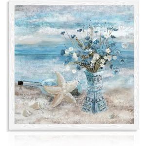 Eryi-Décoration Murale Plage Salle De Bain, Art Mural En Toile Océan Bleu Peinture De Paysage Marin Côtier, Impression Florale Pour Chambre 35x35 Cm Sans Cadre - Neuf